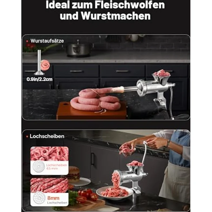 VEVOR manuelle Fleischwolf Hand Wurstfüller 304 Edelstahl, vielseitiger Küchenhelfer mit 4,5 & 8 mm Schneidplatten und Wurstrohr, silber – Bild 4