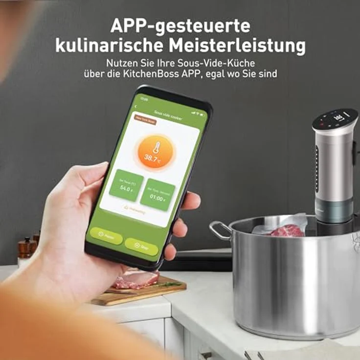 KitchenBoss Sous Vide Stick Garer, 1100W Präzisionskocher mit Wi-Fi App-Steuerung, IPX7 wasserdicht, LED Touch Display, ultra-leise Tauchzirkulator – Bild 2