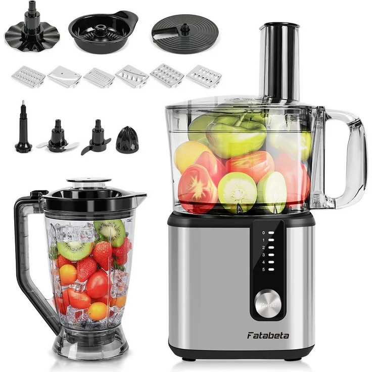 7MAGIC FP415, Multifunktionale Küchenmaschine 9 in 1, 750 W, 1.2 l Schüssel, Silber, inkl. Zerkleinerer und 1,8L Mixerbecher