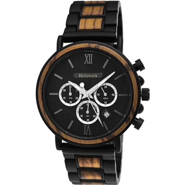 Holzwerk Germany Handgefertigte Designer Herren-Uhr Chronograph Armband-Uhr Analog Quarz-Uhr Braun Schwarz Römische Ziffern Datum Holz