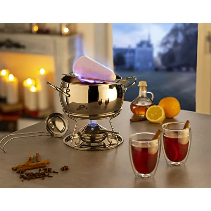 APS Fondue- und Feuerzangenbowle Set, Zuckerzange, Feuerzange, Fondue-Topf, Edelstahldeckel, hochglanzpoliert, Gestell, verchromt, Schöpfkelle, für ca. 2,2 Liter Flüssigkeit, Ø22 cm, 23 cm Höhe – Bild 4
