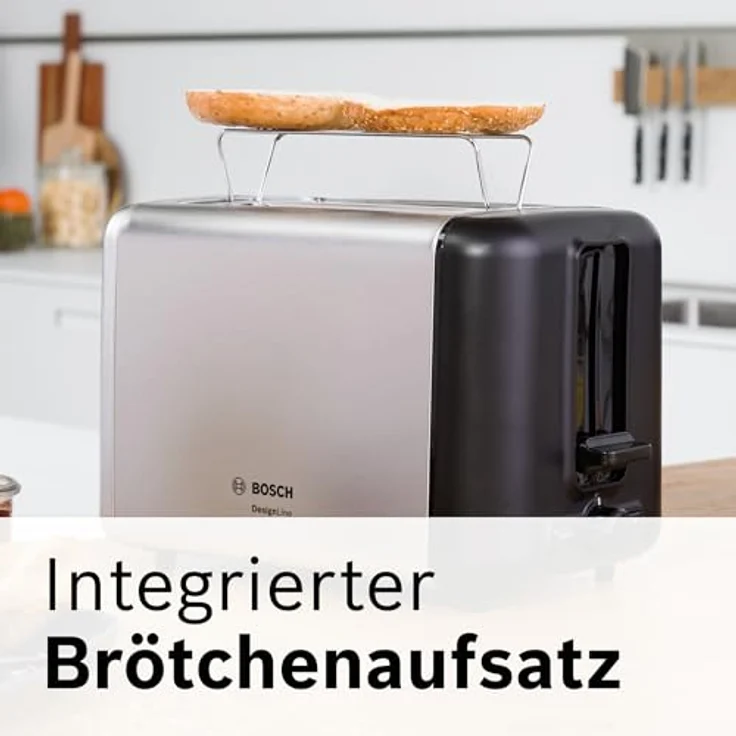 Bosch TAT3P420DE DesignLine Kompakt-Toaster, Auftau-Aufwärmfunktion, versenkbarer Brötchenaufsatz, Abschaltautomatik, 970 W, Edelstahl-schwarz – Bild 4