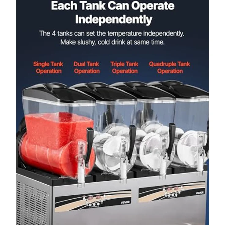 VEVOR Slush Maschine 4 x 12 L, Eismaschine mit 1650 W, Edelstahlgehäuse, Selbstreinigungsfunktion, geeignet für Frozen Margaritas, Frappés und Milchshakes – Bild 5