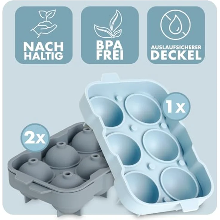 Blumtal Eiswürfelformen Silikon 3er Set, BPA-freie Eiskugelform mit Deckel für 6 runde Eiswürfel, Olivgrün + Mineral Rot – Bild 2