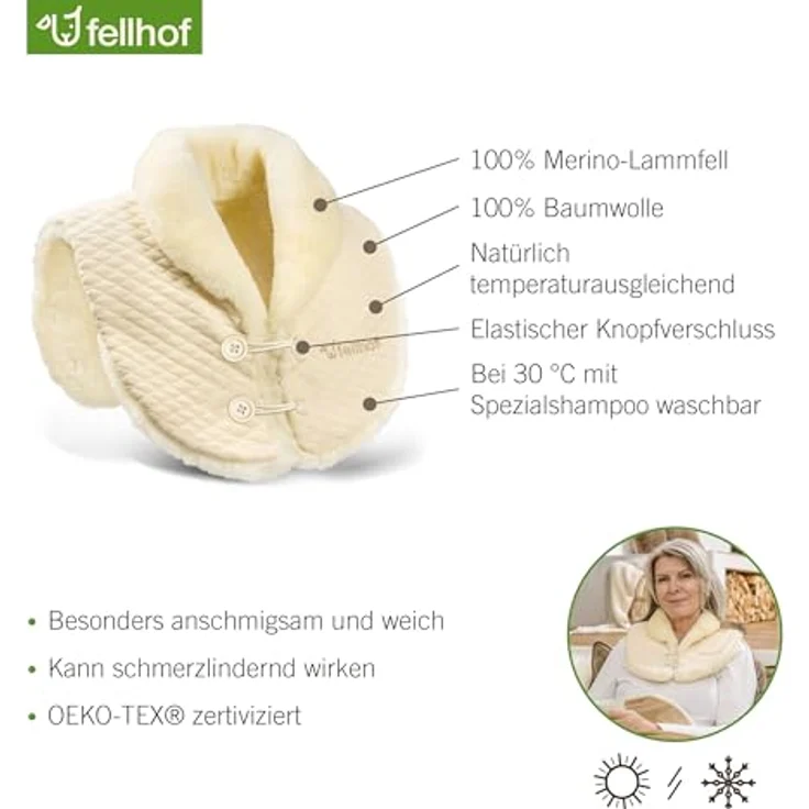 Fellhof Lammfell Schulter- und Nackenwärmer bei Rückenschmerzen, natürliche Wärme dank 100% Merino-Lammfell, waschbar bei 30 °C, OEKO-TEX zertifiziert (S/M) – Bild 2