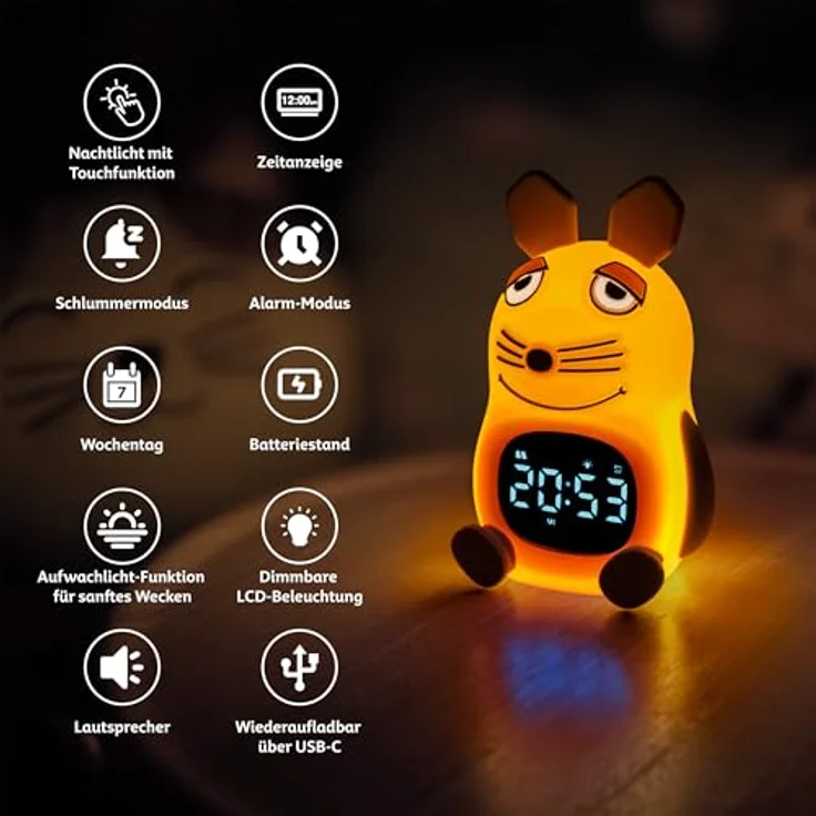 Die Maus DieMaus Lichtwecker für Kinder, nachtlichtfähiger Wecker mit Aufwachlicht und 6 Wecktönen, wiederaufladbar über USB-C, bunt – Bild 4