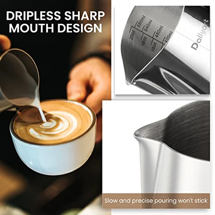 Dailyart Milchkanne 600ml aus 304 Edelstahl, tropfenloser Auslauf für Latte Art, ergonomischer Griff, Silber – Bild 5
