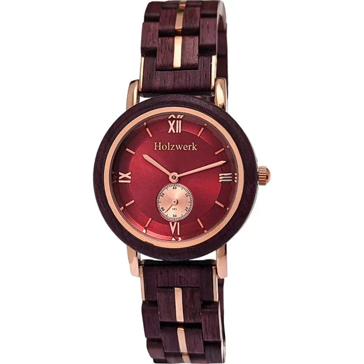 Holzwerk Quarzuhr BURSCHEID kleine Damen Holz Armband Uhr in lila braun, rose gold & rot mit römischen Ziffern
