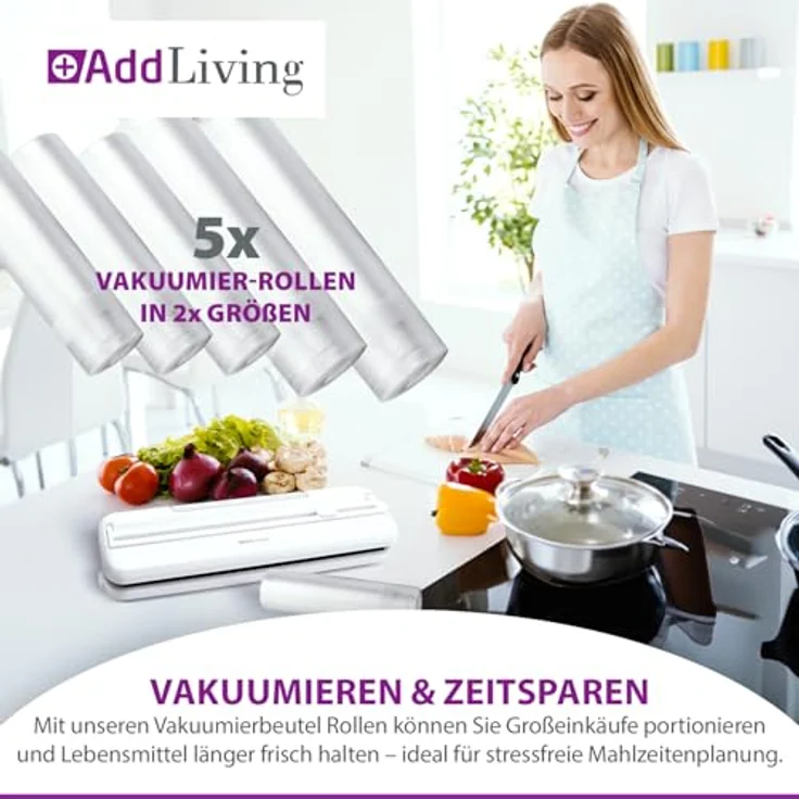 AddLiving Vakuumierbeutel Rollen Set, 5 Stück (3x 22x300 cm, 2x 28x300 cm) | Reißfeste, zuschneidbare Folien für Sous-vide und Gefrieren, MAXIMALE FRISCHE & LANGLEBIGKEIT – Bild 4