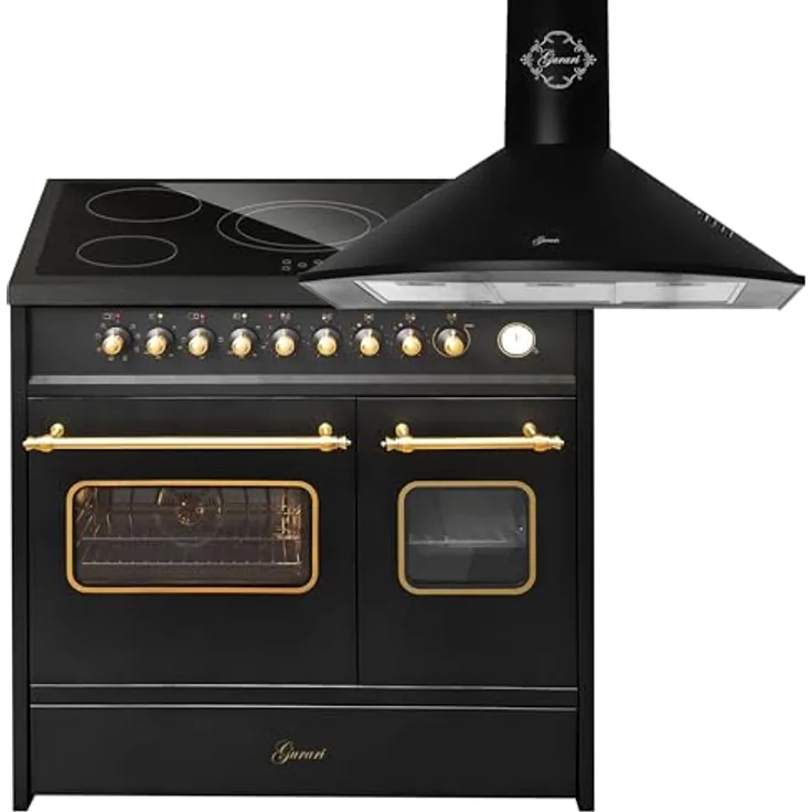 Gurari Elektro-Standherd GCH E 912 DF BL r+GCH 046 Bl 9, 90 cm mit Doppelbackofen, Dunstabzugshaube, retro Schwarz, 1000 m³/h Saugkraft