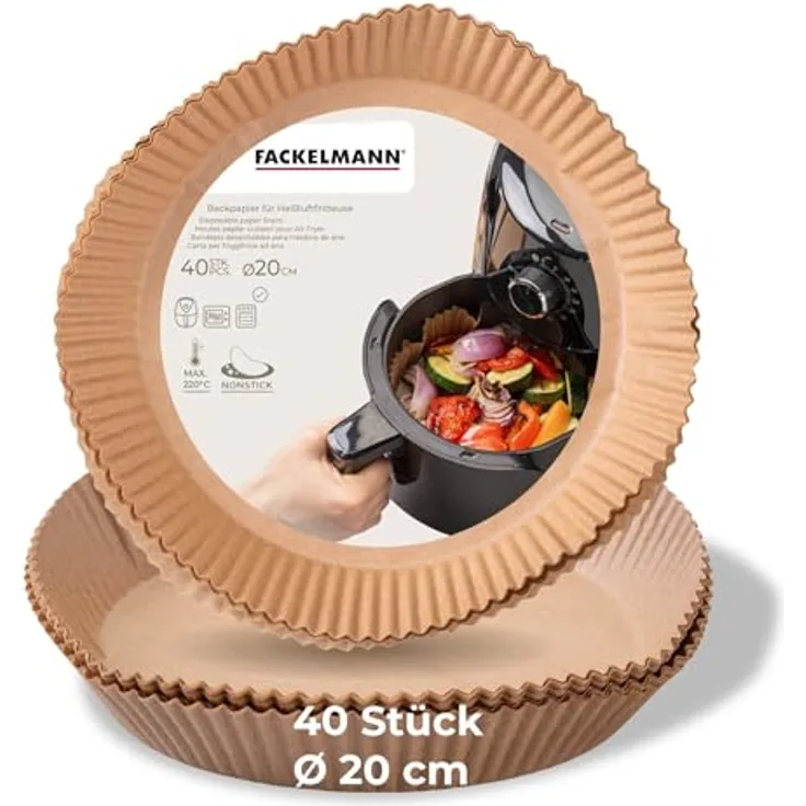 Fackelmann Backpapier für Heißluftfritteuse, 20 x 20 cm rund, 40-teilig, öl- und wasserfest, hitzebeständig bis 220 °C, mikrowellen- und backofengeeignet