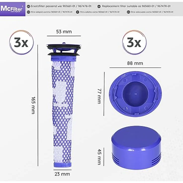 McFilter Filter-Set 6 Teile, 3x Vormotorfilter + 3x Nachmotorfilter, auswaschbar, blau/weiß, passend für Dyson DC58, DC61, DC62, V6, V7, V8 – Bild 3