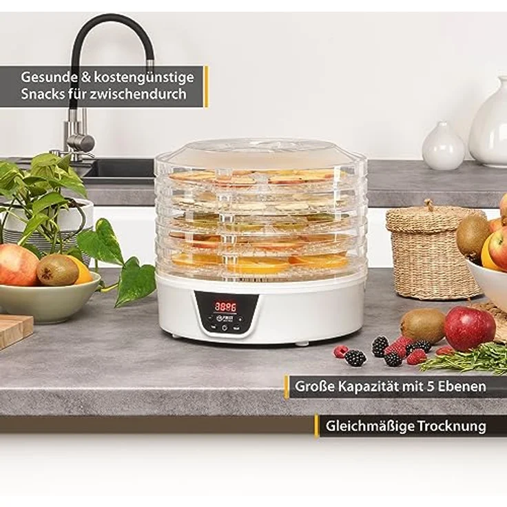 TZS First Austria Dörrautomat | Dörrgerät für Obst, Kräuter, Pilze & Fleisch | digital mit Timer & Temperaturregler 35-70°C | 5 Etagen, Einlageböden BPA frei, Dörrapparat mit Zeitschaltuhr – Bild 2