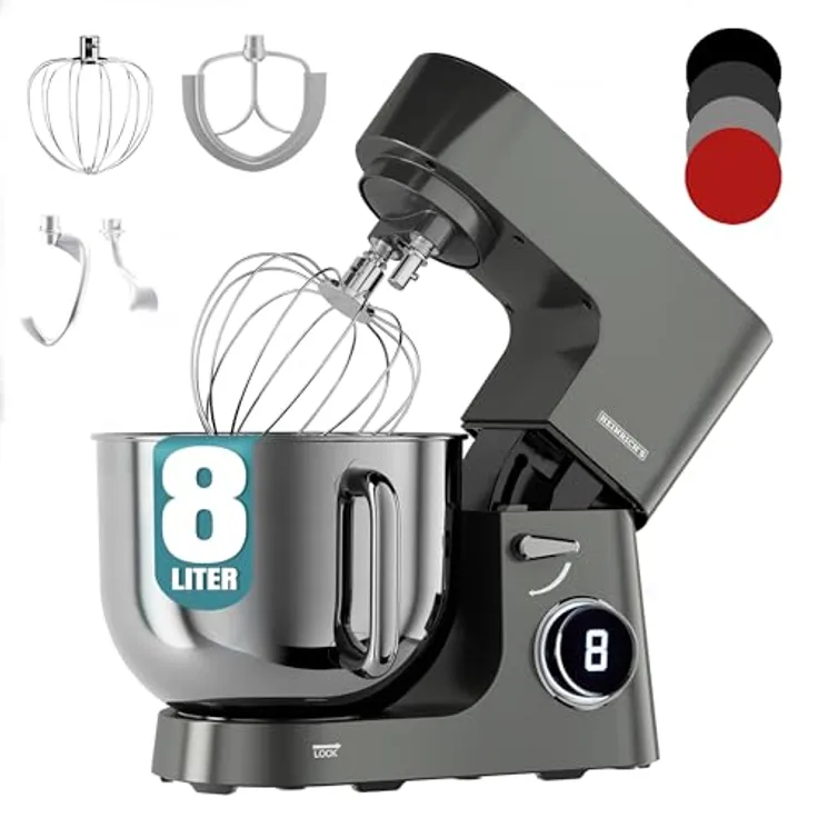 Heinrichs Küchenmaschine 2500W, Knetmaschine mit XXL 8L Edelstahlschüssel, Doppel-Knethaken, Rührhaken, Schneebesen, 8 Geschwindigkeiten, geräuscharm, Titan