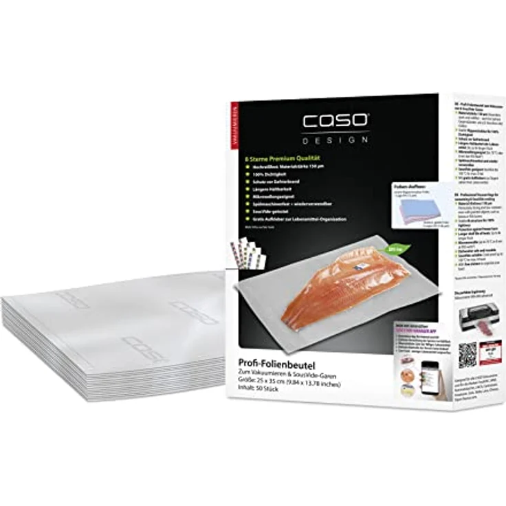 CASO Profi- Folienbeutel 25x35 cm / 50 Beutel, für alle Vakuumierer, BPA-frei, sehr stark & reißfest ca. 150µm, aromadicht, kochfest, Sous Vide, wiederverwendbar, inkl. Food Manager Sticker: Tests, Infos & Preisvergleich