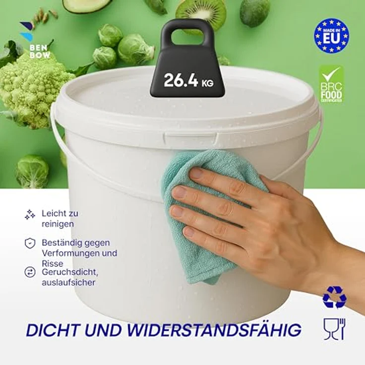 BenBow Eimer mit Deckel 10l, lebensmittelecht, stabil, luftdicht, auslaufsicher, geruchsneutral, weiß – Bild 5