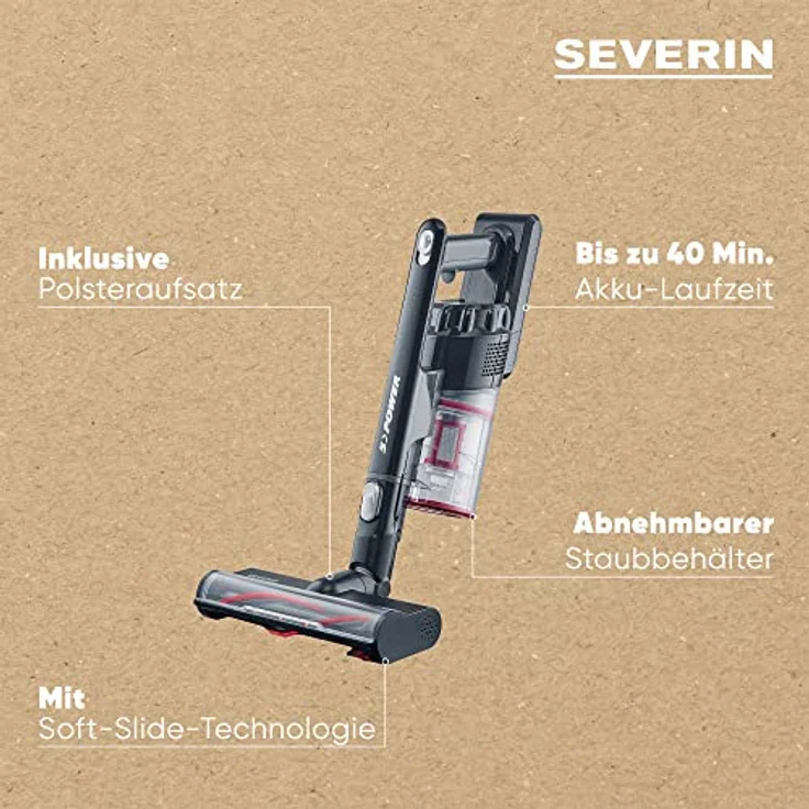 SEVERIN 2-in-1 Stiel- und Handstaubsauger, Akku Staubsauger mit bis zu 40 Min. Laufzeit, kabelloser Staubsauger mit High-Speed Elektrobürste mit LED Beleuchtung, schwarz/rot, HV 7154 – Bild 4