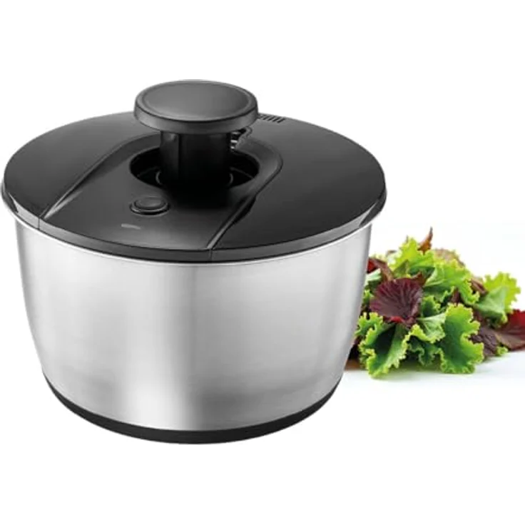 GEFU Salatschleuder PUSH IT Ø 25 cm, Edelstahl-Schüssel 5 l mit PUSH-Mechanismus, Stopp-Button und rutschfestem Silikonboden, spülmaschinengeeignet – Bild 1