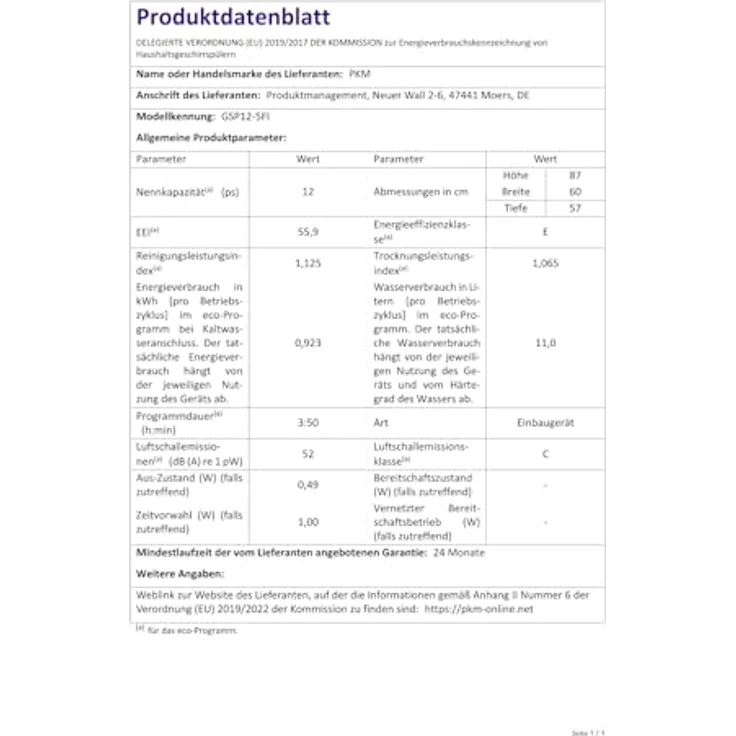PKM GSP12-5FI Geschirrspüler, vollintegriert, 12 Gedecke, 5 Programme, A Energieeffizienz, Halbe Beladung Funktion – Bild 6