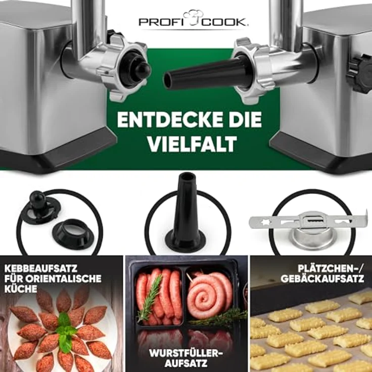ProfiCook Fleischwolf PC-FW 1272, mit 3 Lochscheiben, Vor- und Rücklauffunktion, Edelstahlgehäuse – Bild 3