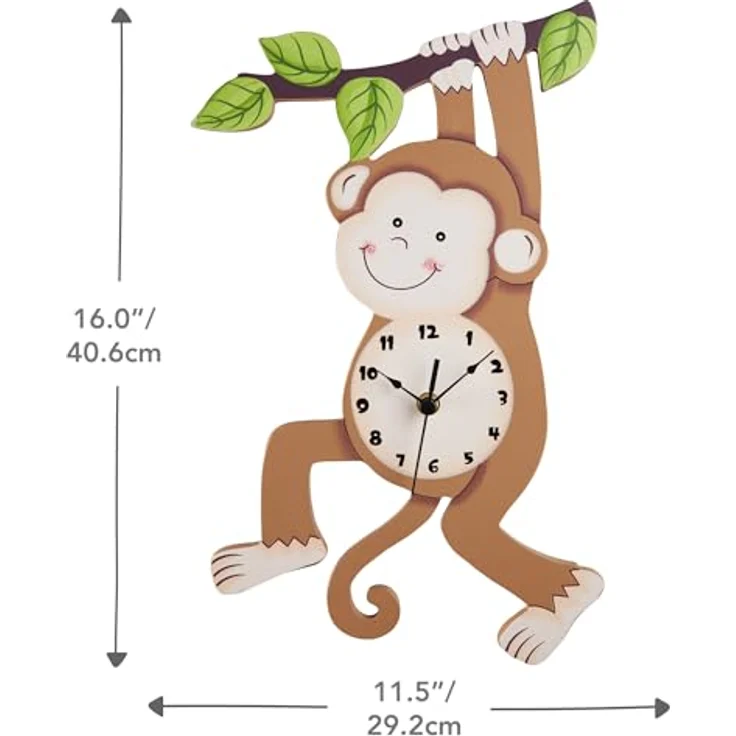 Teamson Kids Sunny Safari Monkey Wanduhr, Braun, Holzwerkstoff, 29x4x41 cm, keine Montage erforderlich, Kinderuhr zur Zeitlernung – Bild 3