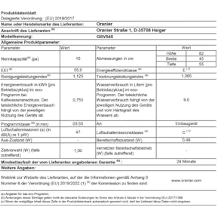 Oranier GSV545, Vollintegrierbarer Einbaugeschirrspüler, 45 cm für 10 Maßgedecke, mit 6 Spülprogrammen und Edelstahl-Innenbehälter – Bild 10