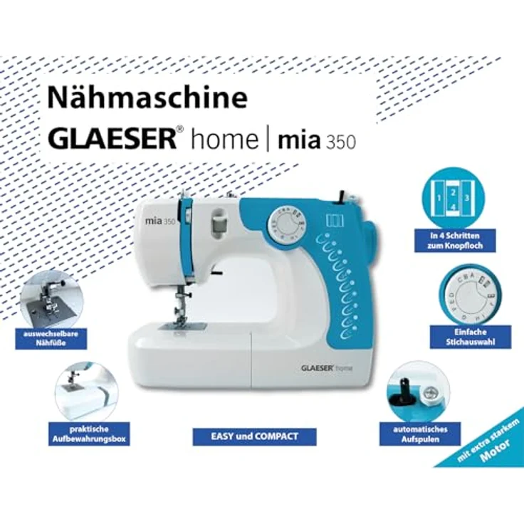GLAESERhome Nähmaschine mia350 himmelblau | Anfänger Nähmaschine – Bild 4
