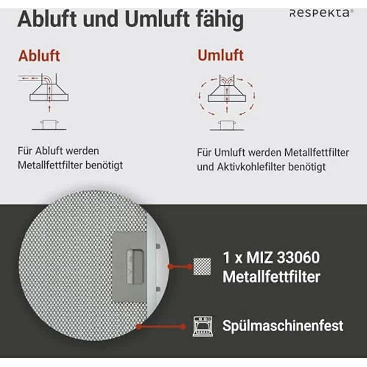 respekta CH 33060 WB, Motorhaube, Esse, Breite: 59.5 cm, Tiefe: 29 cm, Absaugung und Rückführung (mit zusätzlichem Rückführungsset), weiß – Bild 5