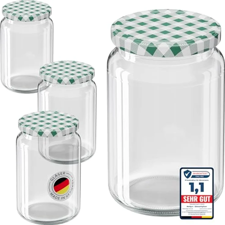 WELLGRO 6x Einmachgläser mit Schraubdeckel, 635ml, grün karierte To 82 Deckel, Made in Germany, luftdicht, spülmaschinengeeignet – Bild 1