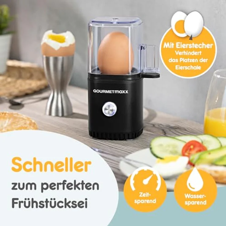 GOURMETmaxx Mini Eierkocher für 1 Ei, kompakt mit Eierstecher und 3 Härtegraden, spülmaschinenfeste Teile, schwarz – Bild 5