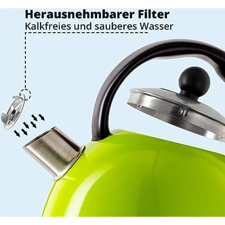 KHG Kessel-Wasserkocher WK-1711 Retro, Edelstahl, grün, 1,7 Liter, 2200 Watt, abwaschbarer Kalkfilter, Trockengehschutz, Abschaltautomatik, verdecktes Heizelement, BPA-frei – Bild 5