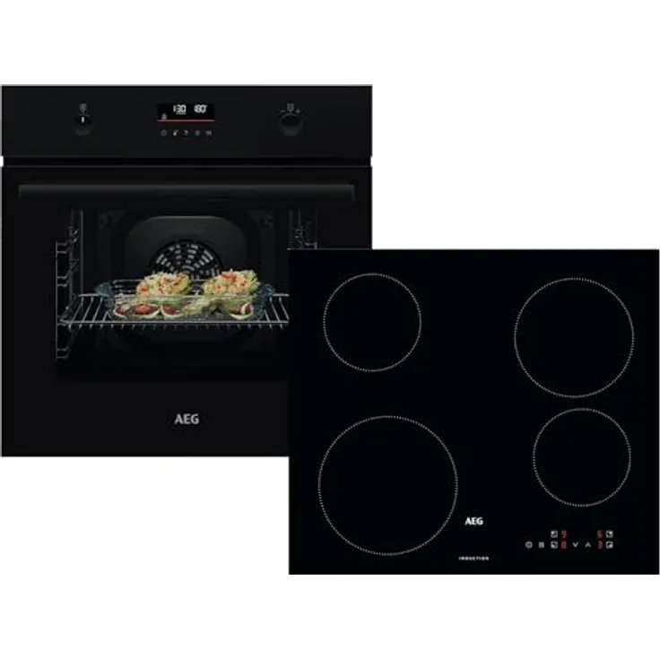 AEG AB34BP Set Pyrolyse Backofen BPK53516XB mit 65 Litern Garraum + Induktionskochfeld HK834060XB, schwarz, 4 Kochzonen, Touch Control