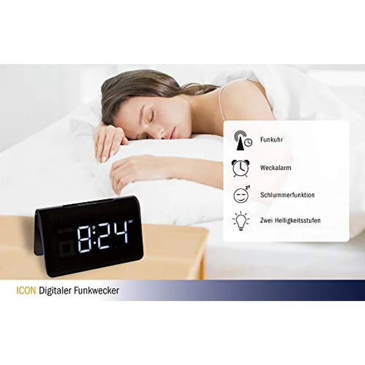 TFA Dostmann Funkwecker ICON TFA 60.2543, schwarz, mit LED Leuchtziffern und Funkuhr – Bild 6