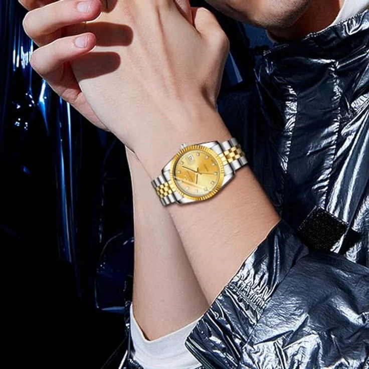 JewelryWe Paar Uhr Analog Quarz mit Kalender, 30M wasserdicht, Edelstahlarmband, Herren- und Damenmodell, Gold Strass Zifferblatt – Bild 2