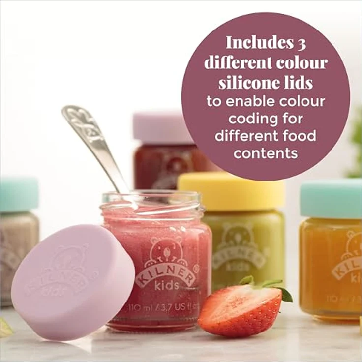 Kilner Babygläser Set, 6tlg. 190 ml, schadstofffreie Babybrei Behälter mit Silikondeckeln in 3 Farben, ideal zum Aufbewahren, Einfrieren und Servieren von hausgemachter Babynahrung – Bild 5