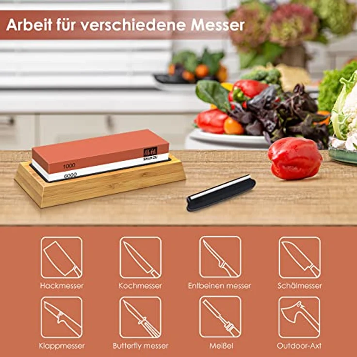 SHAN ZU Schleifstein Abziehstein Wetzstein für Professionell 2-in-1 Doppelseitiger Messerschärfer, Körnung 1000/6000 mit rutschfestem Silikonhalte für Küche Messer – Bild 5