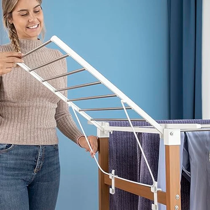 InnovaGoods Wäscheständer HOCHQUALITATIVER WÄSCHESTÄNDER KLAPPBAR 38 STANGEN PLATZSPAREND, Weiß und Braun mit Holzeffekt – Bild 5