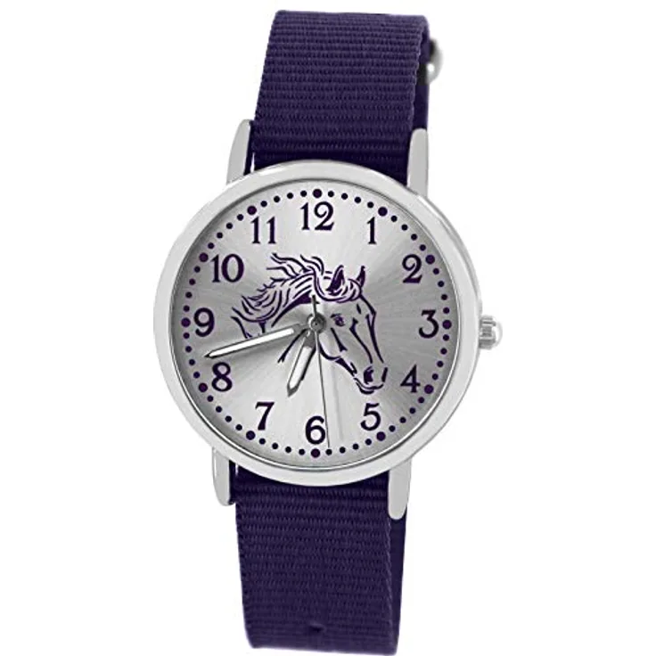 Pacific Time Mädchen Uhr 10302, analoge Quarz-Armbanduhr mit Pferdemotiv, violett, wechselbares Textilarmband 16mm