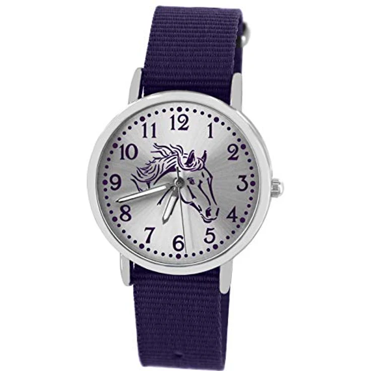 Pacific Time Mädchen Uhr 10302, analoge Quarz-Armbanduhr mit Pferdemotiv, violett, wechselbares Textilarmband 16mm – Bild 1