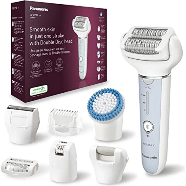 Panasonic ES-EY90-A503 Nass/Trockenepilierer, Dual Disc mit 60 Pinzetten, 90° schwenkbarer Kopf, 3 Geschwindigkeiten & LED-Licht, 30 Min. Betrieb, kabellos, Haarentferner, Scher- und Fußpflegekopf. – Bild 1