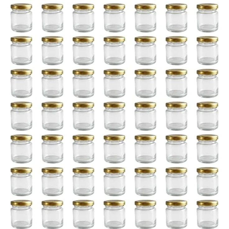 hocz 50x Mini Marmeladengläser 50 ml, Einmachgläser mit goldenen Schraubdeckeln TO 43, luftdicht und spülmaschinenfest, Set für Marmelade und mehr, 50 Stück – Bild 1