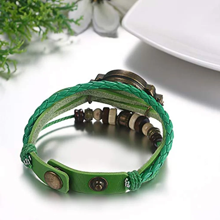 JewelryWe Damen Armbanduhr, Retro geflochtenes Lederarmband mit Baum Blatt Anhänger, Grün, Quarzwerk, 8.46" Gesamtlänge – Bild 5
