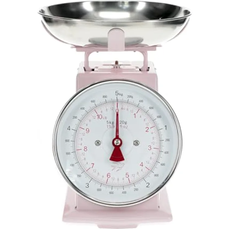 REX LONDON Nostalgische Küchenwaage Rosa, mechanisch bis 5 kg mit Edelstahlschüssel, Vintage-Design, präzise Messung und hygienisch abnehmbar