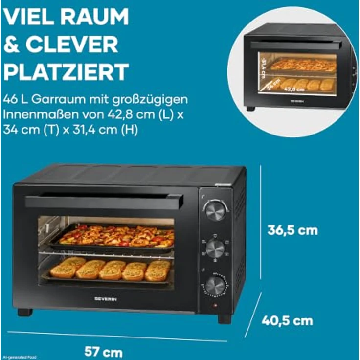 Severin TO 9025 Minibackofen, elektrisch mit 1800 W, schwarz, Grill- und Heißluftfunktion, höhenverstellbarer Grillrost – Bild 2