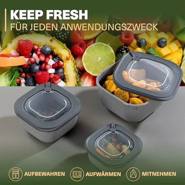 VIWARES Frischhaltedosen 3er Set mit transparentem Ventildeckel, stapelbare Aufbewahrungsbehälter, BPA-frei, mikrowellen- und kühlschrankgeeignet, 3 Größen (600ml/1100ml/1800ml) – Bild 5