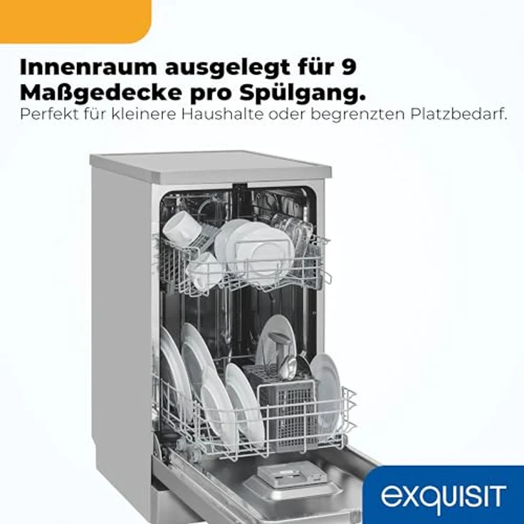 Exquisit GSP59109-451D, Geschirrspüler Unterbaufähig, 9 Maßgedecke, 4 Programme, Aquastop-Schlauch, 49 dB, Silber – Bild 5