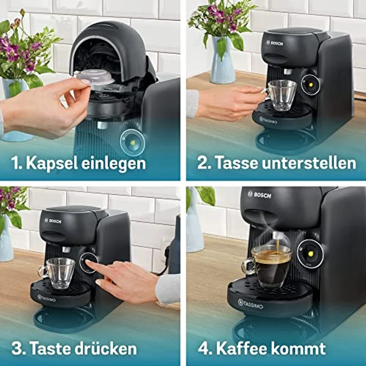 Tassimo Finesse Kapselmaschine TAS16B2 Kaffeemaschine by Bosch, 70 Getränke, intensiverer Kaffee auf Kopfdruck, Abschaltautomatik, perfekt dosiert, platzsparend, 1400 W, 0.7 liters schwarz/schwarz – Bild 4