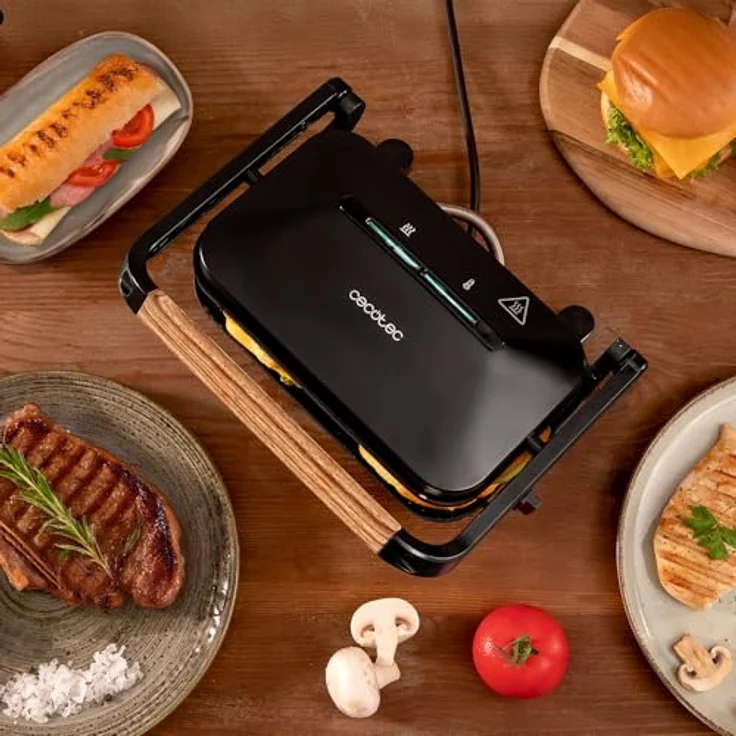 Cecotec Elektrischer Grill Rock'Ngrill 1300 Wood B, 1300W, schwarzes Design, Rockstone-Beschichtung, rutschfeste Basis, höhenverstellbare schwimmende Platte, Holzgriff – Bild 3