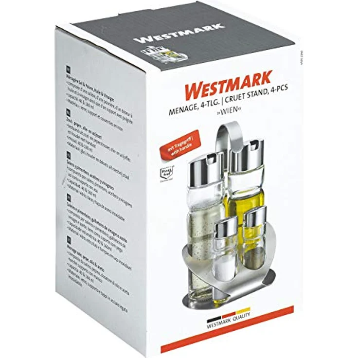 Westmark 4er-Menage für Salz, Pfeffer, Öl und Essig, Mit passendem Ständer, 5-tlg., 2 Streuer und 2 Flaschen, Fassungsvermögen: 40-160 ml, Edelstahl-Glas, Wien, Silber-Transparent, 65052260 – Bild 9