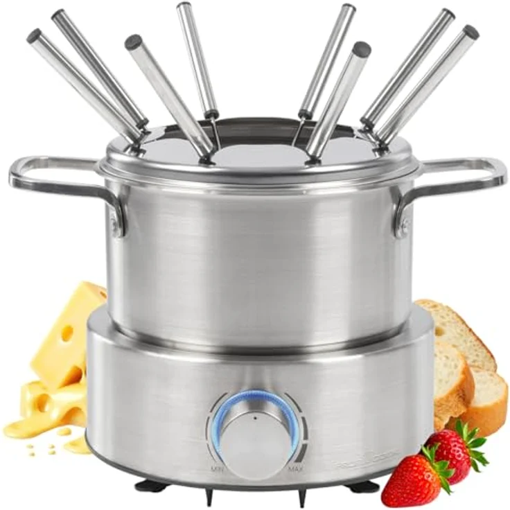 ProfiCook Elektro-Fondue PC-FD 1288, Edelstahl Fondue-Set für Öl-, Schokolade- und Käsefondue, 1,2 Liter Füllmenge, stufenlos regelbarer Thermostat, 8 Edelstahl-Fonduegabeln – Bild 1